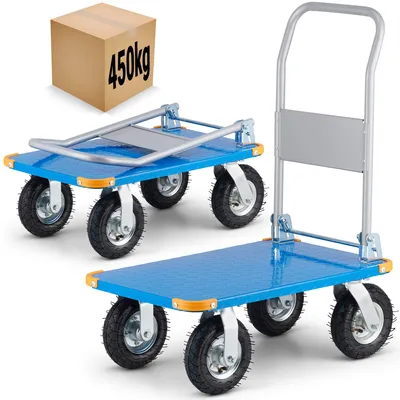 Produktbild von Plattformwagen Transportwagen Mammut bis 450 kg luftbereift mit klappbarem Bügelgriff, Antirutschbeschichtung, Kantenschutz, blau / silber.