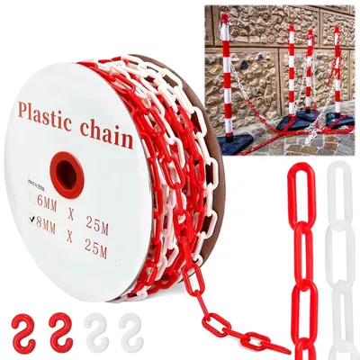 Produktbild von Absperrkette 25 m - Kunststoffkette - Rot/Weiß - 4 Karabinerhaken - Warnkette - Geeignet für Einfahrten und Arbeitsplätze