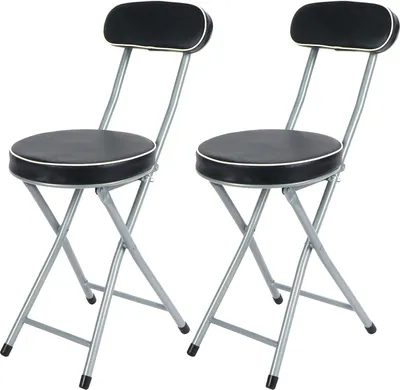 Two black folding stools with gray metal frames are shown against a white background.