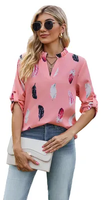 Image de Blouse en mousseline pour femmes, manches longues, décolleté en V, avec un nœud sur l'épaule, modèle haut