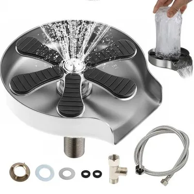 A glass rinser is shown with water spraying from the center, and a hand holding a glass over the rinser.