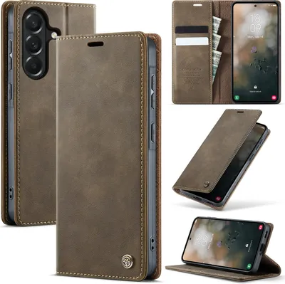 Image de Étui en cuir pour Samsung Galaxy A57, protection RFID, fermeture magnétique, compartiments pour cartes et fonction support Marron