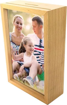 Productafbeelding van 3D-spaarpot met fotolijst - hout, personaliseerbaar