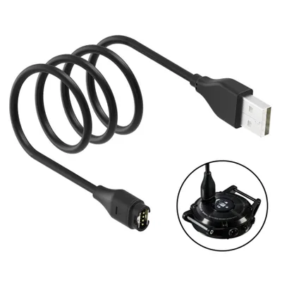 A black USB charging cable with a coiled cord and a USB-A connector on one end and a proprietary connector on the other, shown with an inset image of the proprietary end connected to a smartwatch.