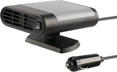 A car heater and defroster with its power adapter.