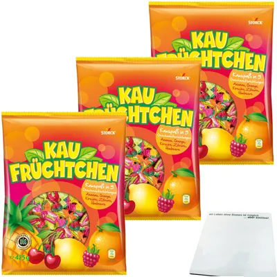 Produktbild von Storck Kaufrüchtchen Kaubonbons in 5 fuchtigen Geschmacksrichtungen 3er Pack (3x425g Packung) + usy Block