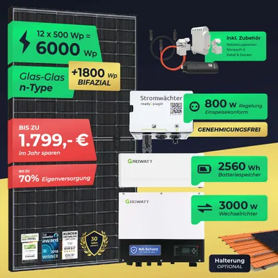 Produktbild von Ready2plugin Solaranlage mit Speicher 6000W/3000W, 2560 Wh Stromspeicher 3000W Notstromsteckdose Balkonkraftwerk Photovoltaikanlage mit Smart Stromwächter Ohne Halterung