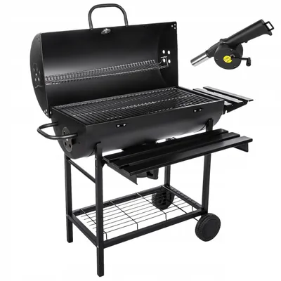 Zdjęcie produktu dla Grill węglowy ogrodowy na kołkach wózek z pokrywą termometr dwie metalowe pułki duży