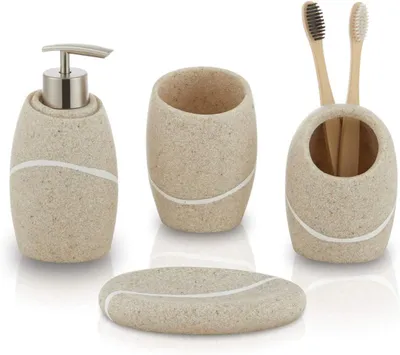 Image de Ensemble d'accessoires de salle de bain, 4 pièces, couleur beige, comprenant un porte-brosses à dents et un distributeur de savon, idéal pour la salle de bain