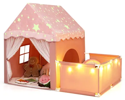 Produktbild von COSTWAY Spielzelt Indoor, 2 in 1 Kinderzelt mit Laufstall, Matte, Lichtern & Fenster, Spielhaus, Bettzelt in Hausform für Jungen & Mädchen ab 3 Jahren