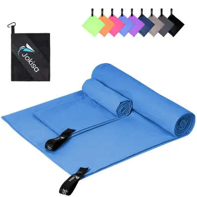 Produktbild von Jokisa Mikrofaser Handtuch 2er Set, 180X90cm Strandtuch Mikrofaser + 80X40cm Sporthandtuch, Schnelltrocknendes & Sandfrei Handtücher für Outdoor Sauna Strand Trekking (Hellblau)