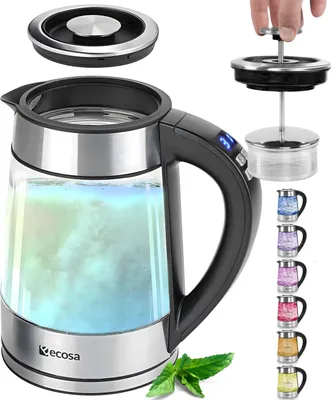 A glass electric kettle with a black handle and a digital display, shown with its lid and a plunger attachment. Several smaller images of colored kettles are displayed on the right side, along with a sprig of mint at the bottom.