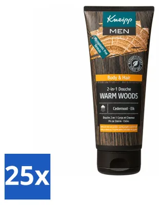 Image de 25 flacons de gel douche 2-en-1 Kneipp Homme, senteur Bois Chaud, 200 ml. Pack économique de 25 pièces