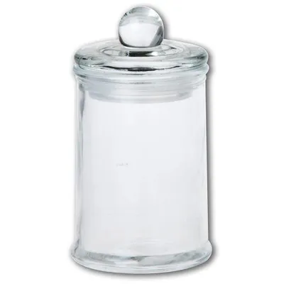 A clear studio shot of a glass jar with a lid.