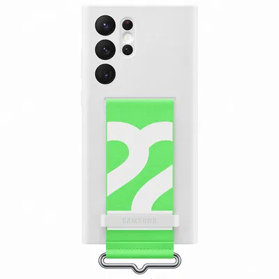 A white Samsung phone case with a green and white patterned strap attached.
