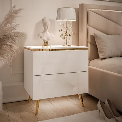 Produktbild von AURORA II Nachttisch Weiß Hochglanz mit LED-Beleuchtung mit schräge in goldenem Chrom
