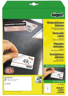 Produktbild von SIGEL LA216 Wiederablösbare Etiketten, 96 x 50,8 mm, weiß, 250 Etiketten