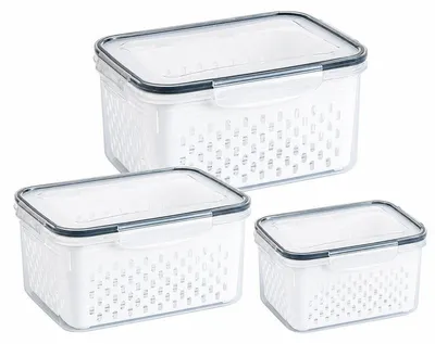 Produktbild von 3er-Set Frischhalteboxen für Obst & Gemüse – 850 + 1750 + 3300 ml – Mit Abtropfsieb, BPA-frei, auslaufsicher, spülmaschinenfest – Kühlschrank-Organizer für frische Lebensmittel