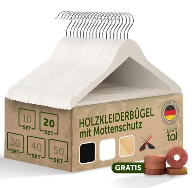 Produktbild von Blumtal Kleiderbügel Holz 20er Set - Holzbügel mit 360° drehbarem Metallhaken - Kleiderbügel Weiß + Zedernholz Mottenschutz