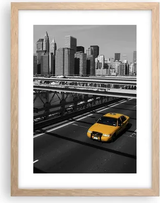 Produktbild von Gerahmtes Poster - Rahmen in heller Eiche - New York Manhattan Brooklyn Brücke Taxi - 30x40 cm - Wand Bild - Wanddeko - Wandbilder - Wandposter - Bilderrahmen - Bilder - Kunstdruck - P2NPA30x40-0417