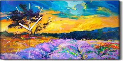 Produktbild von Küchenuhr Bürouhr Leinwand Uhr 60x30 Gemälde Wiese Baum Himmel Sonnenuntergang - weiße Hände