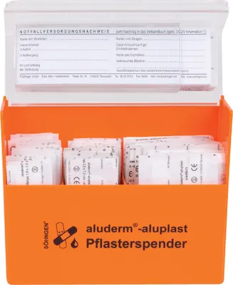An open orange box filled with individually wrapped bandages, with a document flap open at the top.
