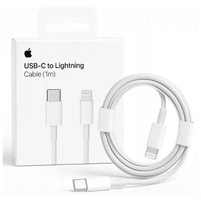A white box with the Apple logo and product details, next to a coiled white USB-C to Lightning cable.