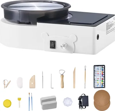 Image de SucceBuy Mini machine à tour de potier avec plateau tournant de 158 mm, vitesse de rotation réglable etélectrique, outils de façonnage de l'argile inclus, idéal pour les projets de bricolage et les cours de poterie, blanc