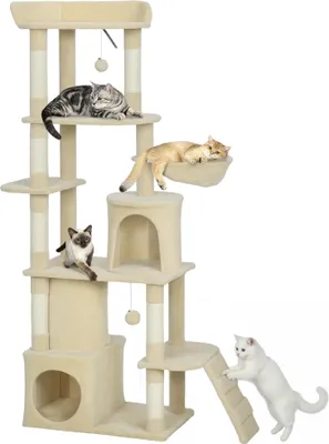 Produktbild von Kratzbaum - Kletterbaum - Größe 60x40x170 cm - 4 Ebenen - 7 Kratzstämme - 2 Höhlen - Tunnel & Hängematte - Beige