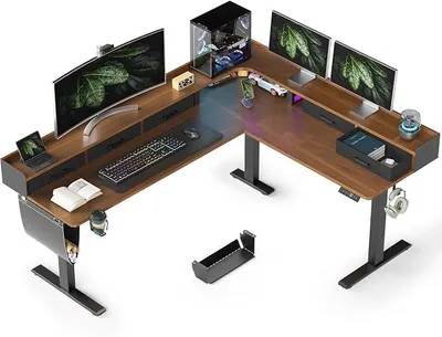 Imagen del producto de Escritorio de forma en L, con ajuste de altura eléctrico, de 190 x 155 cm. Escritorio de esquina con ajuste de altura, con 5 cajones, mesa de ordenador para estar de pie o sentado, ideal para oficinas, jugadores y uso general. Color: Nuez negra