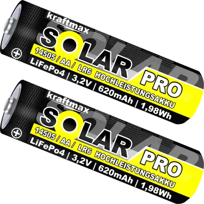Produktbild von 2 er Pack SOLAR pro Mignon AA Akkus - wiederaufladbare Batterien - 3,2V / 1,92Wh / 14505 - LiFePo4 Hochleistungs- Akku Batterie speziell für Solarlampen | Solar Lichterkette | Solarleuchte | Leuchte