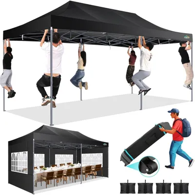 Image de Pavillon pop-up, dimensions 3x6 mètres, robuste, 100% étanche, 6 parois, hauteur réglable, couleur noire, avec sac de transport