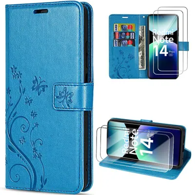 Image de Coque + 2 Verres Trempés pour Xiaomi Redmi Note 14 Pro Plus 5G, Protection Synthécuir Relief Floral Bleu
