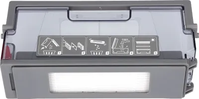 A close-up view of a robot vacuum cleaner dustbin assembly with instructional diagrams.