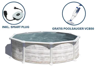 Produktbild von GRE Runder Stahlwandpool mit Nordicoptik KITPR358N – Ø 350 x 132 cm, Komplettset + GRATIS Elektrischer Poolreiniger VCB50