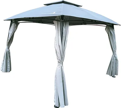 A gray gazebo with curtains, shown from a front-facing angle against a white background.