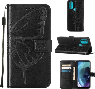 Produktbild von Moto G71 5G Hülle, Schmetterling Prägung Flip Leder Kartenfächer Schutzhülle Ledertasche mit Ständer für Motorola Moto G71 5G Schwarz