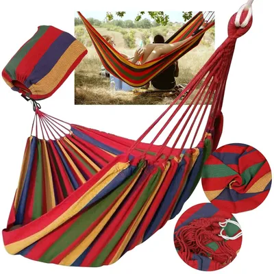Produktbild von Robuste Gartenhängematte mit Streifenmuster, Reisehängematte mit Schutzhülle, belastbar bis 150 kg, 200 × 100 cm