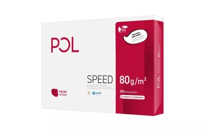 A box of A4 paper with the brand name POL and product details.