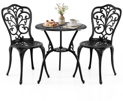 Immagine prodotto di Set da balcone KOMFOTTEU, composto da 3 pezzi, resistente alle intemperie, con tavolo e sedie in alluminio pressofuso e foro per ombrellone, ideale per cortili, giardini e balconi