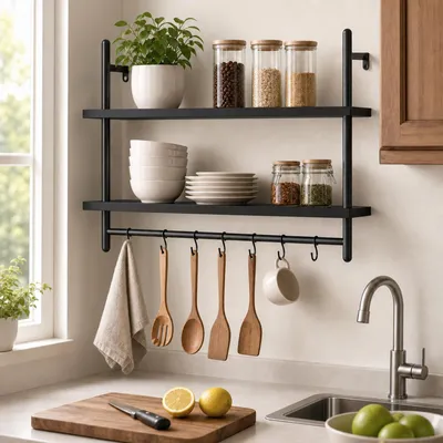 Produktbild von Wandregal Holz Metall Industrial – 2 Ablagen & Haken Küche 80x23x65cm