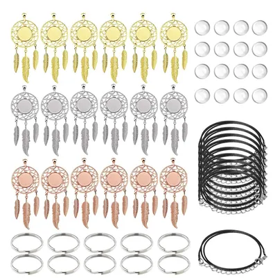 Produktbild von Schmuckherstellungs-Set: 56 Teile Traumfänger Anhänger Tabletts, Glas Cabochons, Wachsseil, Schlüsselringe