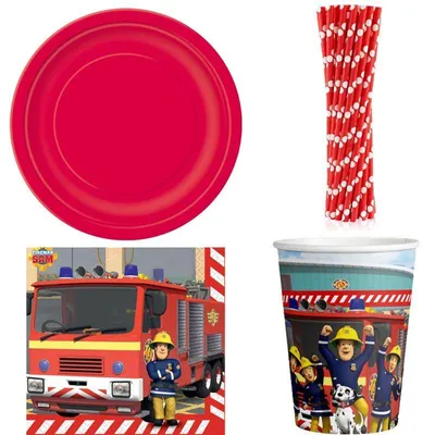 Produktbild von Einweggeschirr Partyset Feuerwehrmann Sam Kindergeburstag Geburtstag Deko Teller Becher Servietten