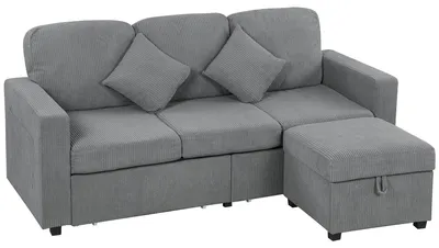 Immagine prodotto di HOMCOM Divano 3 Posti Modulare con Pouf Contenitore in Velluto a Coste, 196x139x85 cm, Grigio Chiaro