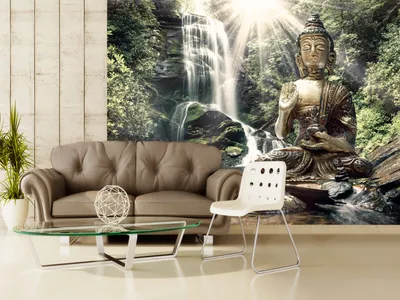Produktbild von Vlies Fototapete 400x280 cm Tapeten Wandtapete XXL Natur Buddha Wald Wasserfall Asia h-C-0033-a-c