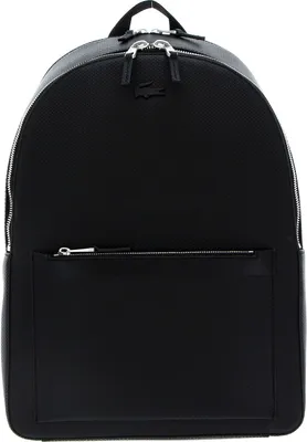 A black Lacoste backpack is shown against a white background.