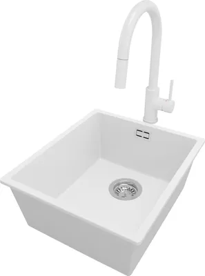 Produktbild von PRIMAGRAN Granitspüle Weiß 41x47cm, Spülbecken 1 Becken + Küchenarmatur 40x20cm + Ablauf-Set, Küchenspüle ab 45er Unterschrank - London Slim