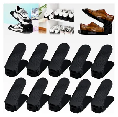 Produktbild von 10 Stück Verstellbares Schuhregal Schuhhalter Schuhstapler rutschfest 3-fach höhenverstellbar Schuhorganizer Schuhaufbewahrung - Schwarz