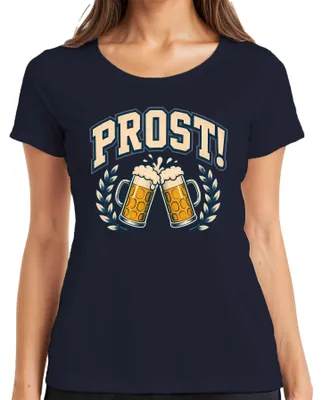 Productafbeelding van PROST! Bierkruik, , volksfeest, feest, grappig, lederen broek, dames T-shirt, marineblauw, maat M