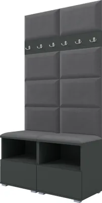 Obrázek produktu pro Šatní sestava Nela III, čalouněná šatní skříň se dvěma botníky, nástěnnými panely a věšáky (barva: grafit + trinity 15 (tmavě šedá))